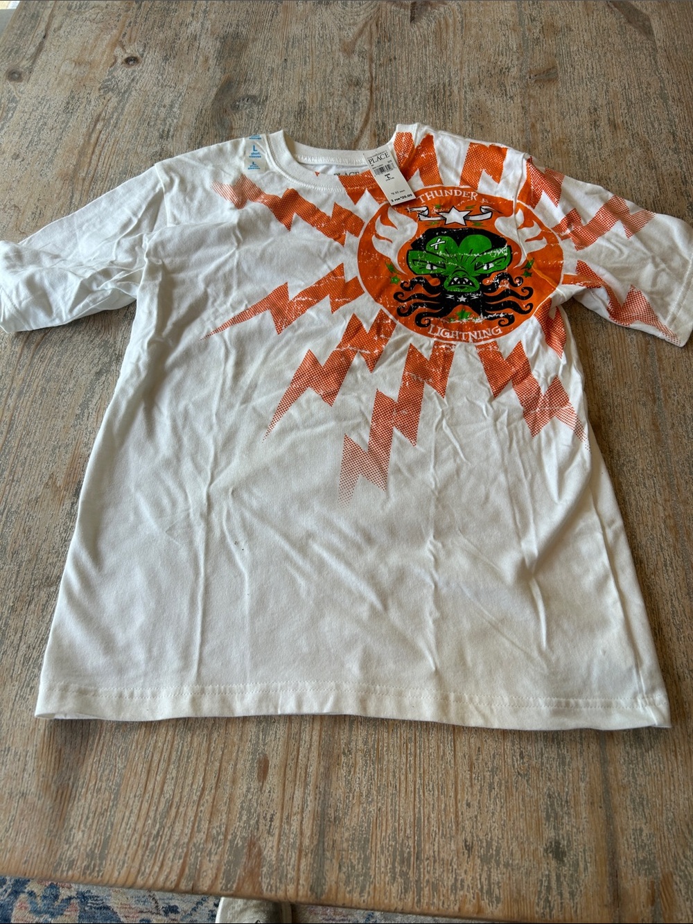 The Children's Place White Tee with Orange Lightning and Green Monster Graphic